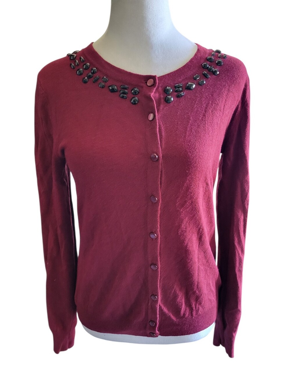 Merona Embellished Round-Neck Cardigan Sweater Burgundy sz S